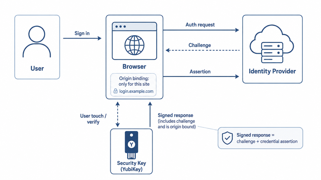 Apa itu YubiKey? Panduan Lengkap Hardware Security Key untuk Enterprise Indonesia 2 Diagram cara kerja YubiKey dengan FIDO2 dan WebAuthn untuk login enterprise
