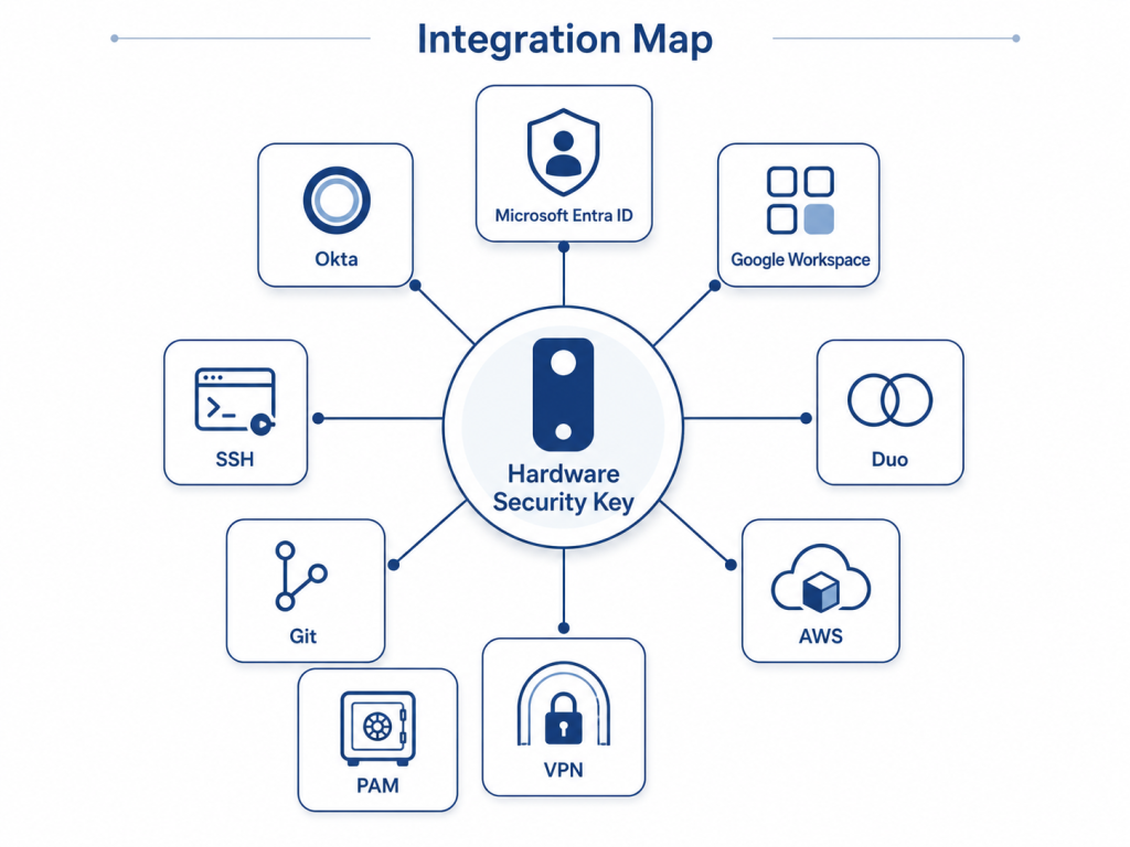 Apa itu YubiKey? Panduan Lengkap Hardware Security Key untuk Enterprise Indonesia 5 Peta integrasi YubiKey dengan identity provider dan aplikasi enterprise