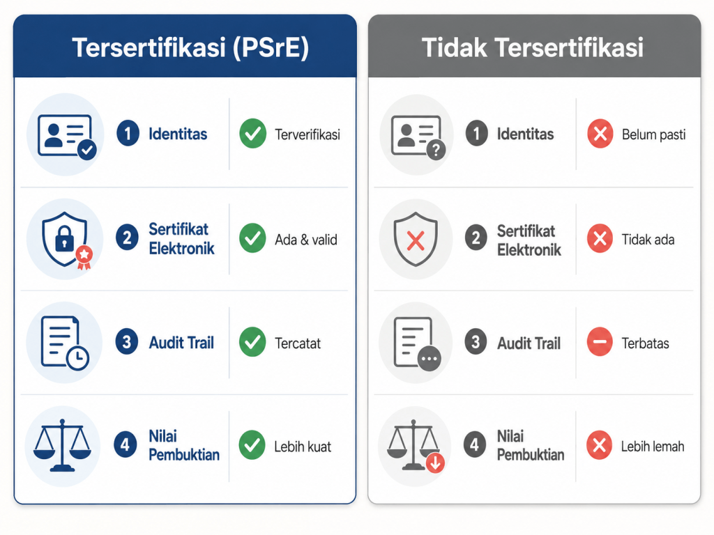 Perbandingan UU ITE tanda tangan tersertifikasi dan non-sertifikasi untuk nilai pembuktian